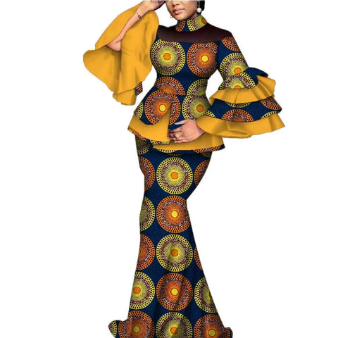 Elegant African Flare Sleeve Top & Maxi Skirt Set for Women W250125