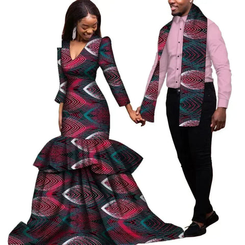 Elegant African Dashiki Print Couple Set – Dress & Shirt with Scarf C250181