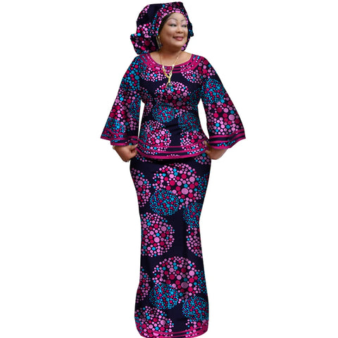 Ankara Print Long Sleeve Top & Skirt Set with Headwrap W250170