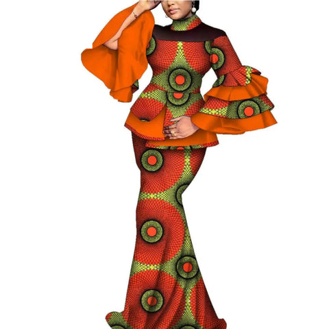 Elegant African Flare Sleeve Top & Maxi Skirt Set for Women W250125
