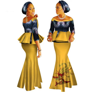 Handmade Off-Shoulder African Dashiki Print Crop Top & Skirt Set W250122