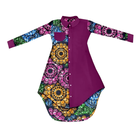 Bold African Print Mid-Calf Dress with Full Sleeves & Pockets W250209