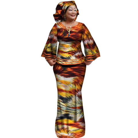 Ankara Print Long Sleeve Top & Skirt Set with Headwrap W250170