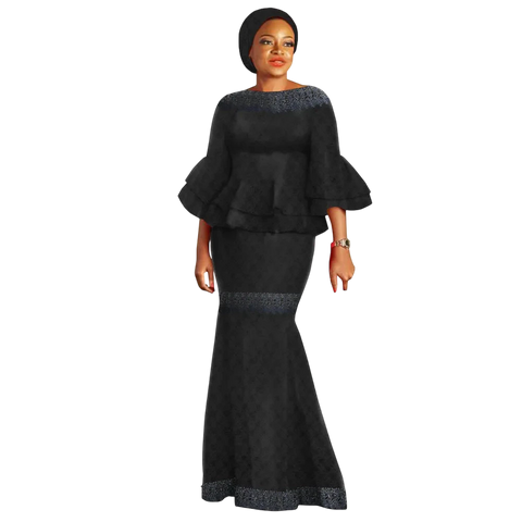 Elegant African Two-Piece Skirt Set with Flare Lace Sleeves W250113