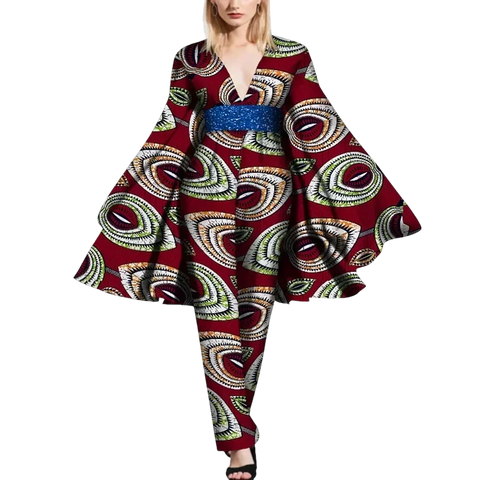 African Cape Sleeve Romper – Deep V-Neck Bazin Riche Jumpsuit W250189