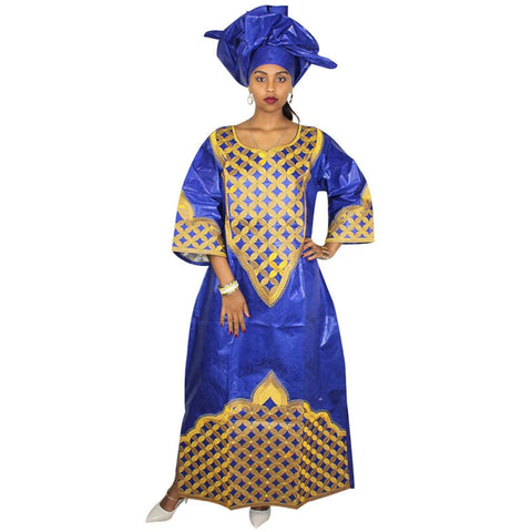 Elegant African Bazin Riche Embroidered Dress with Scarf W250139