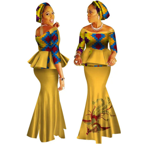 Handmade Off-Shoulder African Dashiki Print Crop Top & Skirt Set W250122