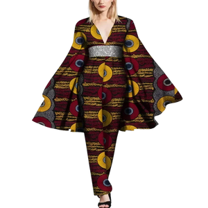 African Cape Sleeve Romper – Deep V-Neck Bazin Riche Jumpsuit W250189