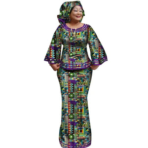 Ankara Print Long Sleeve Top & Skirt Set with Headwrap W250170