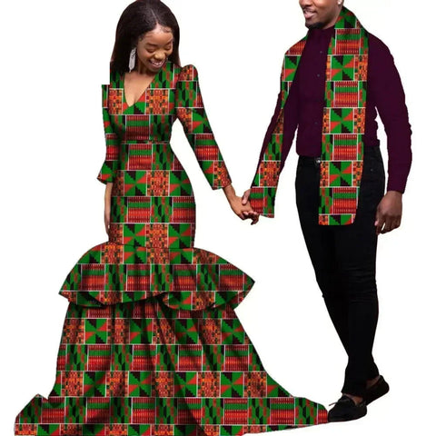Elegant African Dashiki Print Couple Set – Dress & Shirt with Scarf C250181