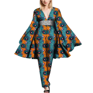 African Cape Sleeve Romper – Deep V-Neck Bazin Riche Jumpsuit W250189
