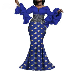 Elegant Ankara Maxi Dress with Black Lace Detail W250166