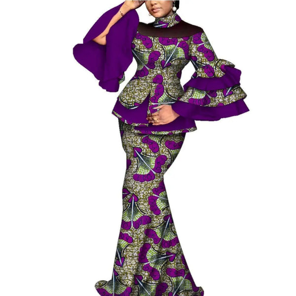 Elegant African Flare Sleeve Top & Maxi Skirt Set for Women W250125