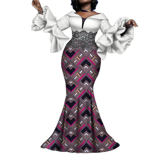 Elegant Ankara Maxi Dress with Black Lace Detail W250166
