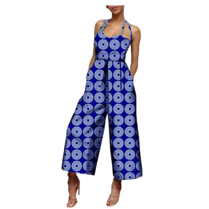 African Print Sleeveless Halter Wide Leg Cotton Jumpsuit W250197