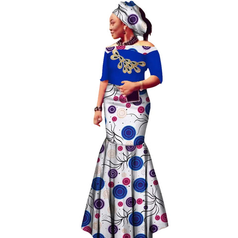 Off-Shoulder African Wax Print Dress with Embroidery Details W250105
