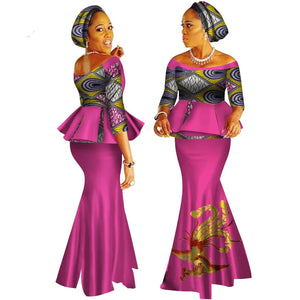 Handmade Off-Shoulder African Dashiki Print Crop Top & Skirt Set W250122