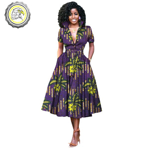 V-Neck High Waist Ankara Print Cotton Dress with Short Sleeves W250127