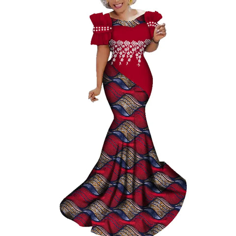 African Print Long Dress with White Pearl Lace & Floral Detailing W250229
