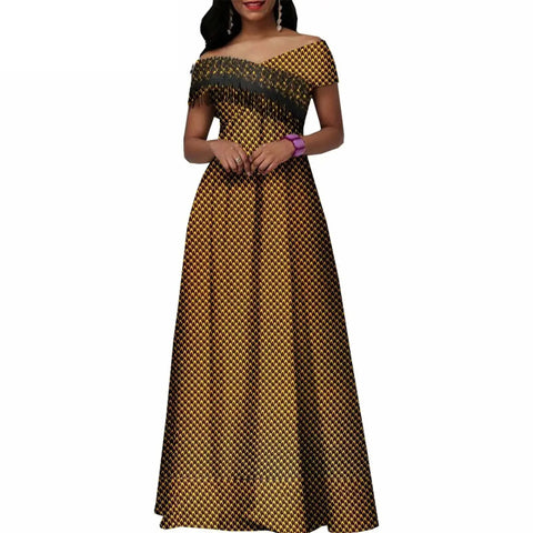 Ankara Print Cotton Maxi Dress with Tassels – Floor Length Elegance W250201