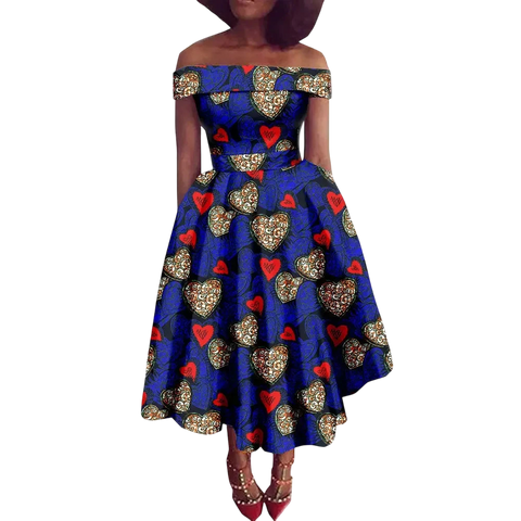 Vibrant Ankara Off-Shoulder Mid-Calf Dress for Women W250200