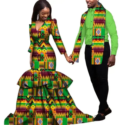 Elegant African Dashiki Print Couple Set – Dress & Shirt with Scarf C250181