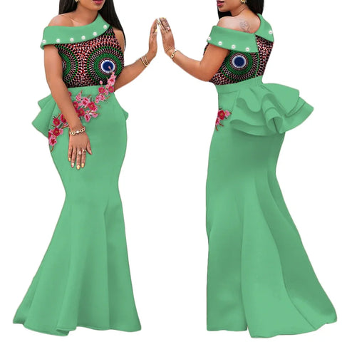 Elegant African Print Pearl Draped Long Dress for Women W250220