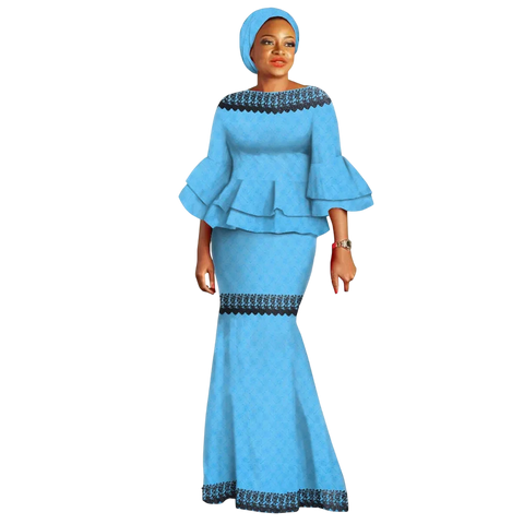 Elegant African Two-Piece Skirt Set with Flare Lace Sleeves W250113