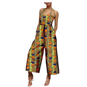 African Print Sleeveless Halter Wide Leg Cotton Jumpsuit W250197
