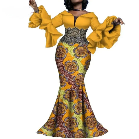 Elegant Ankara Maxi Dress with Black Lace Detail W250166