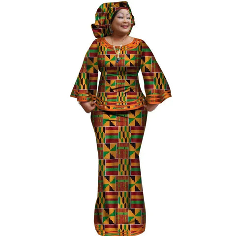 Ankara Print Long Sleeve Top & Skirt Set with Headwrap W250170