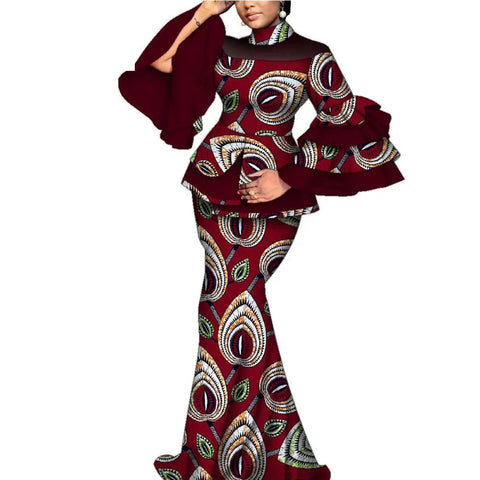 Elegant African Flare Sleeve Top & Maxi Skirt Set for Women W250125