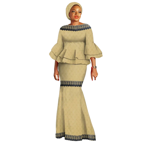 Elegant African Two-Piece Skirt Set with Flare Lace Sleeves W250113