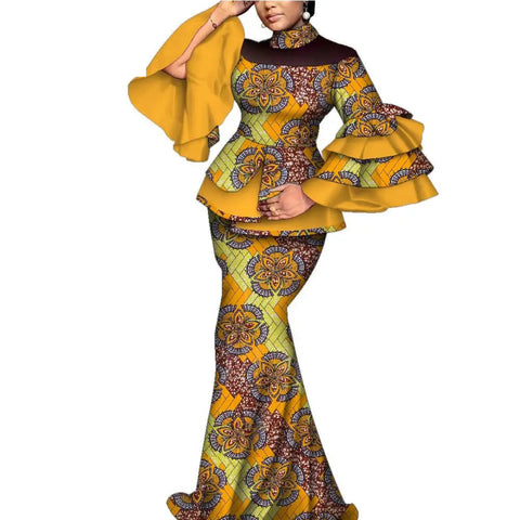 Elegant African Flare Sleeve Top & Maxi Skirt Set for Women W250125
