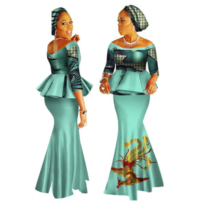 Handmade Off-Shoulder African Dashiki Print Crop Top & Skirt Set W250122