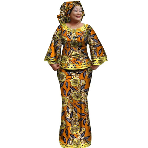 Ankara Print Long Sleeve Top & Skirt Set with Headwrap W250170