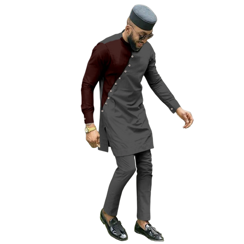 Bazin Riche 3-Piece African Men's Set – Shirt, Pants & Hat M250199