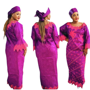 Elegant African Bazin Riche Embroidered Long Dress with Scarf W250128