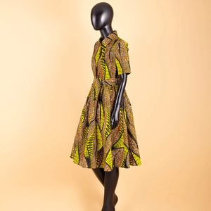 V-Neck High Waist Ankara Print Cotton Dress with Short Sleeves W250127
