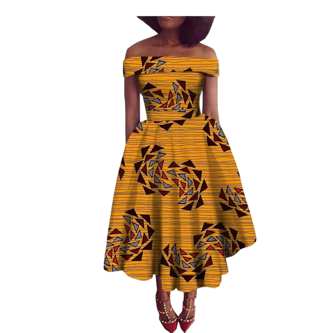 Vibrant Ankara Off-Shoulder Mid-Calf Dress for Women W250200
