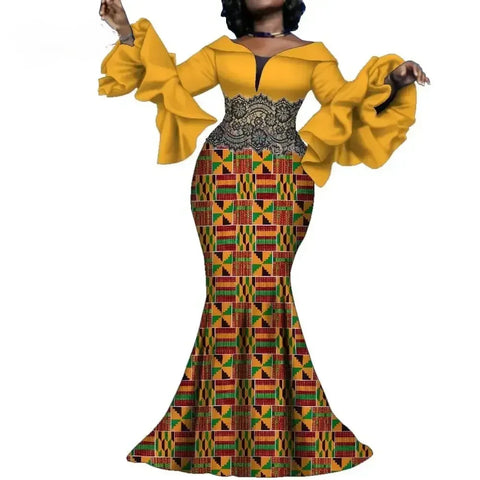 Elegant Ankara Maxi Dress with Black Lace Detail W250166