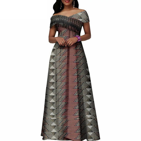Ankara Print Cotton Maxi Dress with Tassels – Floor Length Elegance W250201