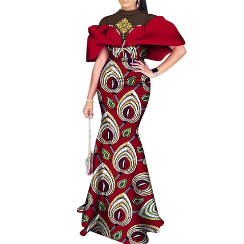 Elegant African Wax Print Evening Dress with Pearls & Appliqué W250231