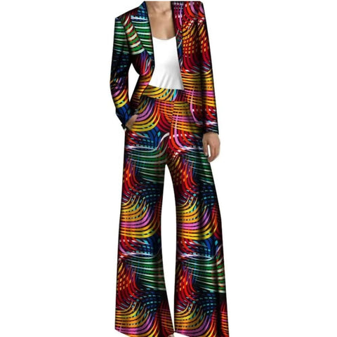 African Print Blazer & Wide Leg Pant Set for Women W250215