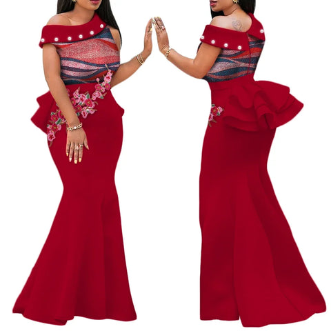 Elegant African Print Pearl Draped Long Dress for Women W250220