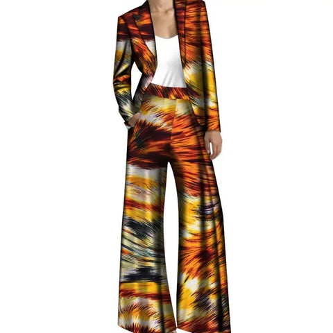 African Print Blazer & Wide Leg Pant Set for Women W250215