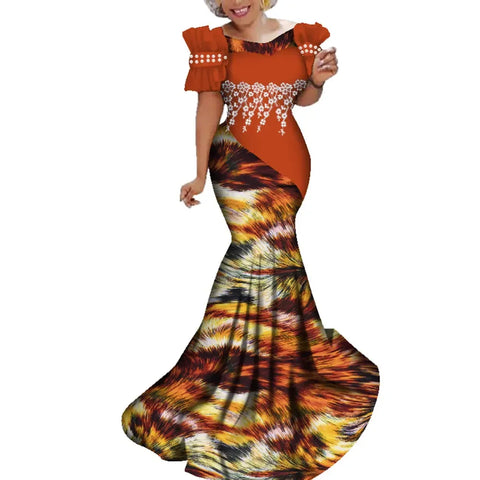 African Print Long Dress with White Pearl Lace & Floral Detailing W250229