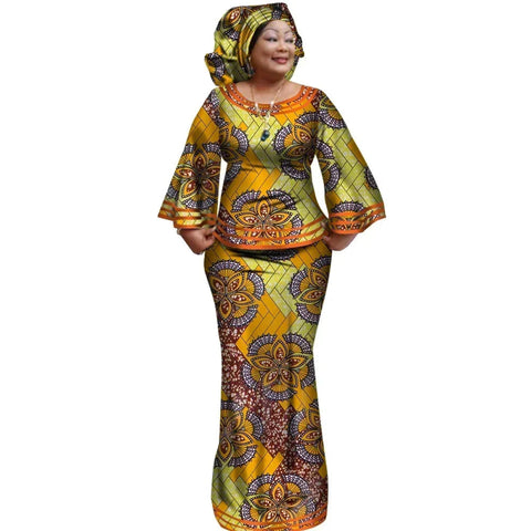 Ankara Print Long Sleeve Top & Skirt Set with Headwrap W250170