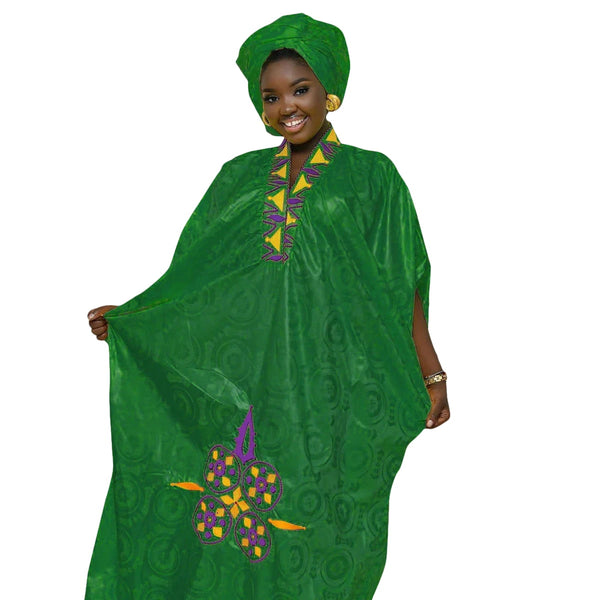 Elegant African Bazin Riche Embroidered Maxi Dress & Scarf Set W250137