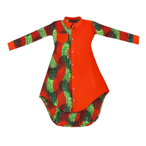 Bold African Print Mid-Calf Dress with Full Sleeves & Pockets W250209
